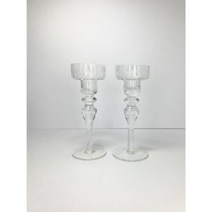 Set of 2 VTG ca. 1970’s Glass Lead Matching Floral Etched Candle Holders, 7 3/4”